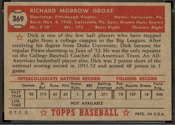 1952 Topps #369 Dick Groat (back)