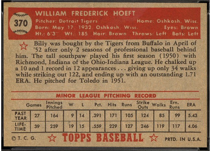 1952 Topps #370 Billy Hoeft (back)