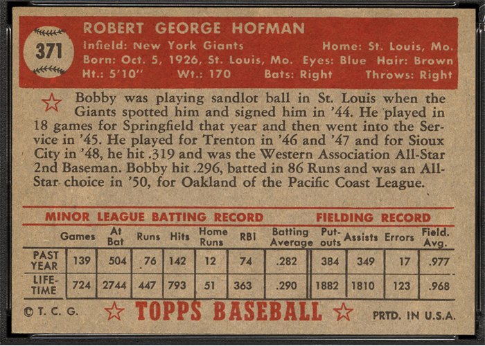 1952 Topps #371 Bobby Hofman (back)