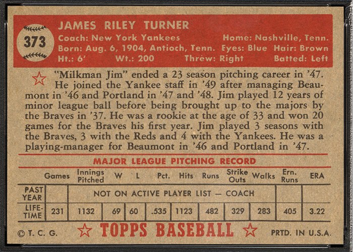 1952 Topps #373 Jim Turner (back)