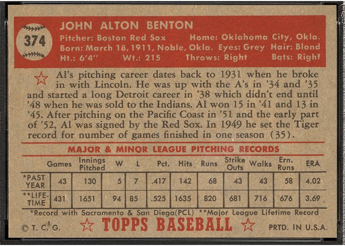 1952 Topps #374 Al Benton (back)