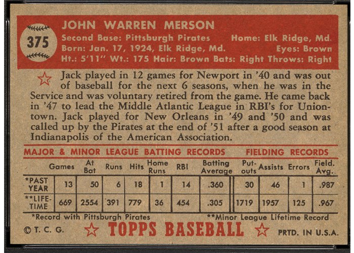 1952 Topps #375 Jack Merson (back)