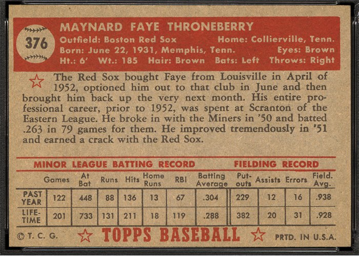 1952 Topps #376 Faye Throneberry (back)