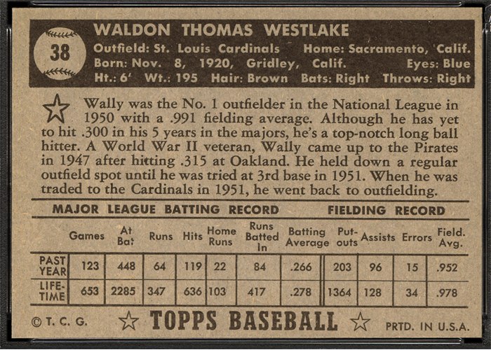 1952 Topps #38 Wally Westlake (back)