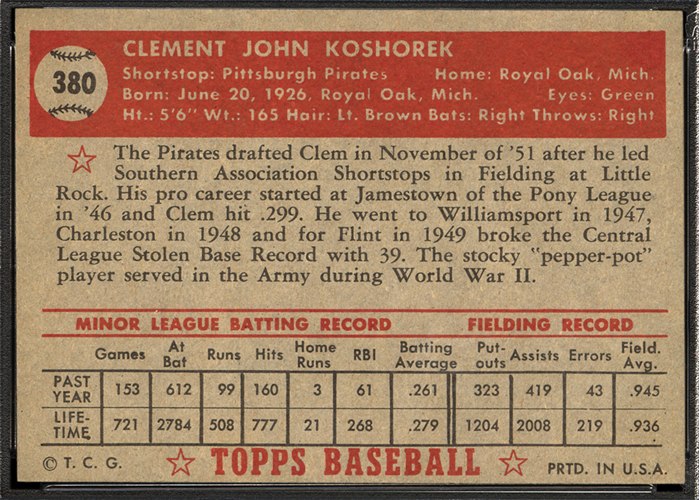 1952 Topps #380 Clem Koshorek (back)