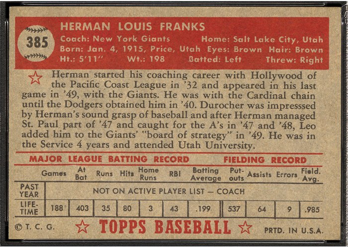 1952 Topps #385 Herman Franks (back)