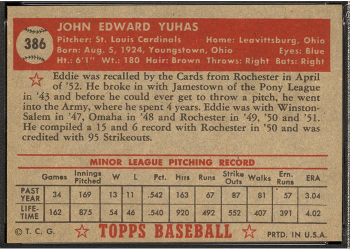 1952 Topps #386 Eddie Yuhas (back)