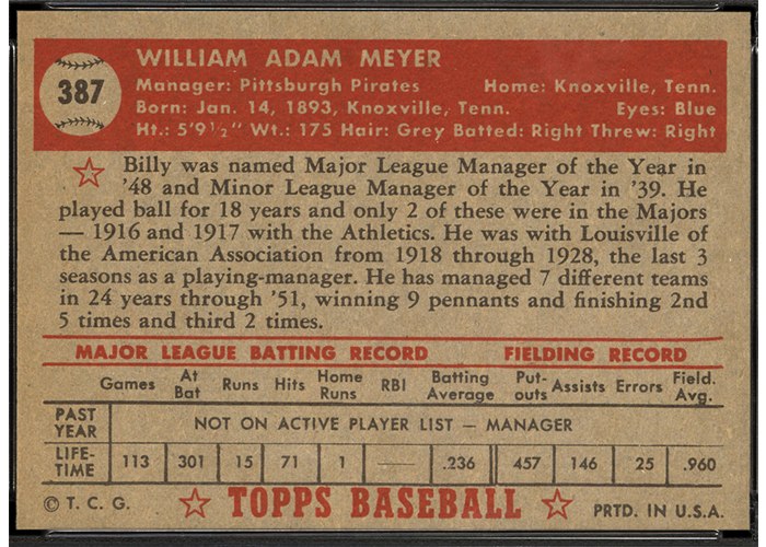 1952 Topps #387 Billy Meyer (back)
