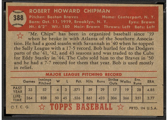 1952 Topps #388 Bob Chipman (back)