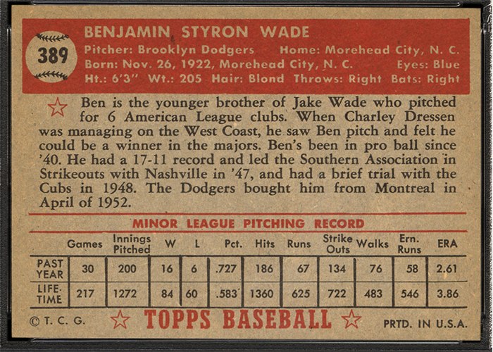 1952 Topps #389 Ben Wade (back)