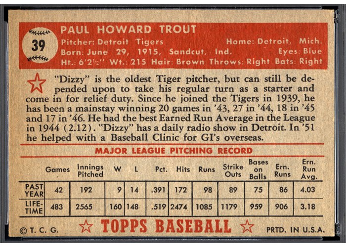 1952 Topps #39 Dizzy Trout (back)