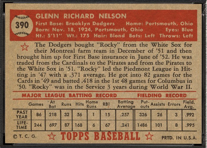 1952 Topps #390 Glenn Nelson (back)