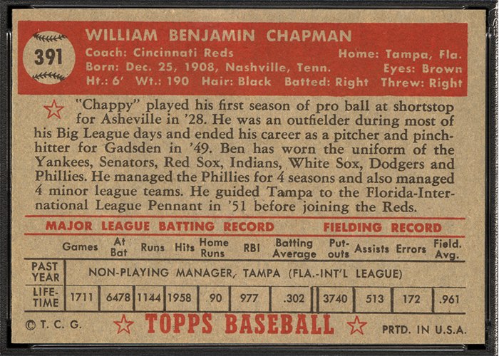 1952 Topps #391 Ben Chapman (back)