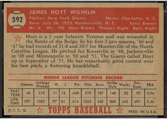 1952 Topps #392 Hoyt Wilhelm (back)