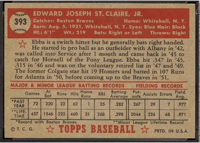 1952 Topps #393 Ebba St. Claire (back)