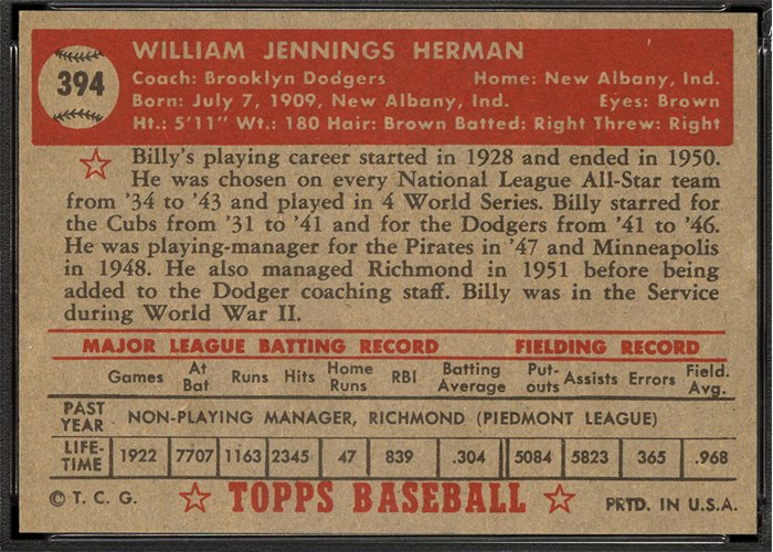 1952 Topps #394 Billy Herman (back)