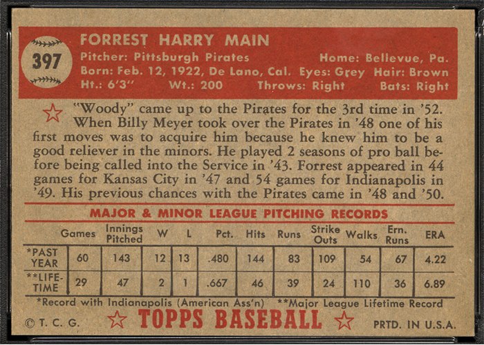 1952 Topps #397 Forrest Main (back)