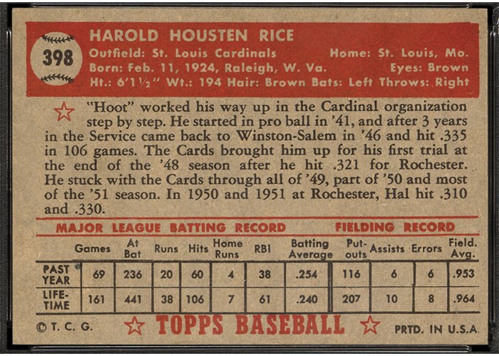 1952 Topps #398 Hal Rice (back)