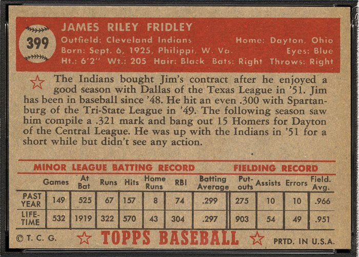 1952 Topps #399 Jim Fridley (back)