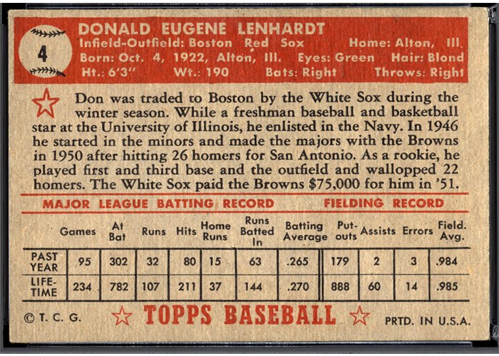 1952 Topps #4 Don Lenhardt (back)