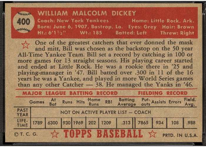 1952 Topps #400 Bill Dickey (back)