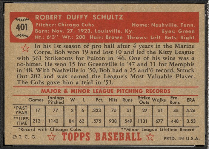 1952 Topps #401 Bob Schultz (back)