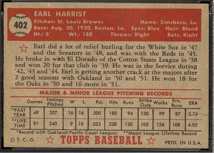 1952 Topps #402 Earl Harrist (back)