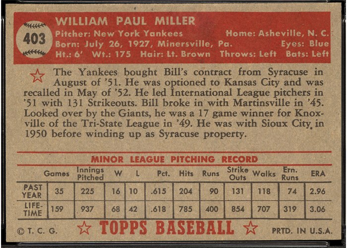 1952 Topps #403 Bill Miller (back)