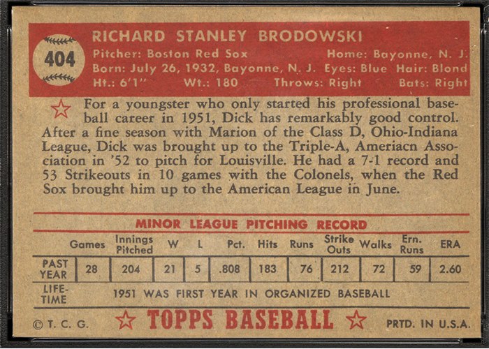 1952 Topps #404 Dick Brodowski (back)