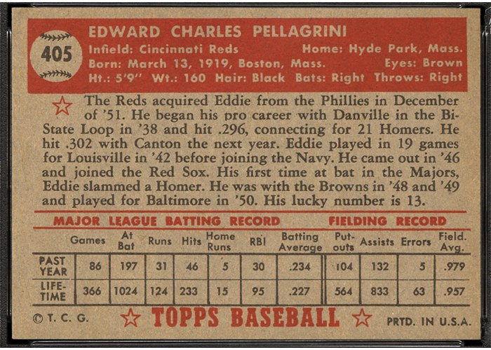 1952 Topps #405 Eddie Pellagrini (back)