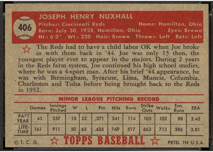 1952 Topps #406 Joe Nuxhall (back)