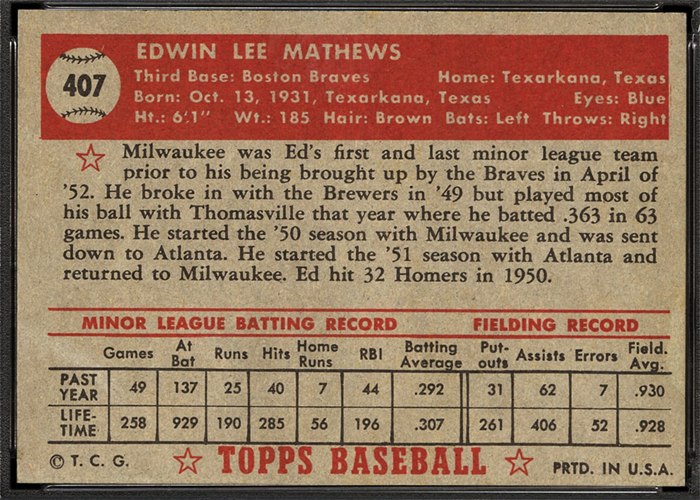 1952 Topps #407 Ed Mathews (back)