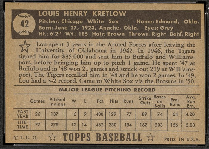 1952 Topps #42 Lou Kretlow (back)
