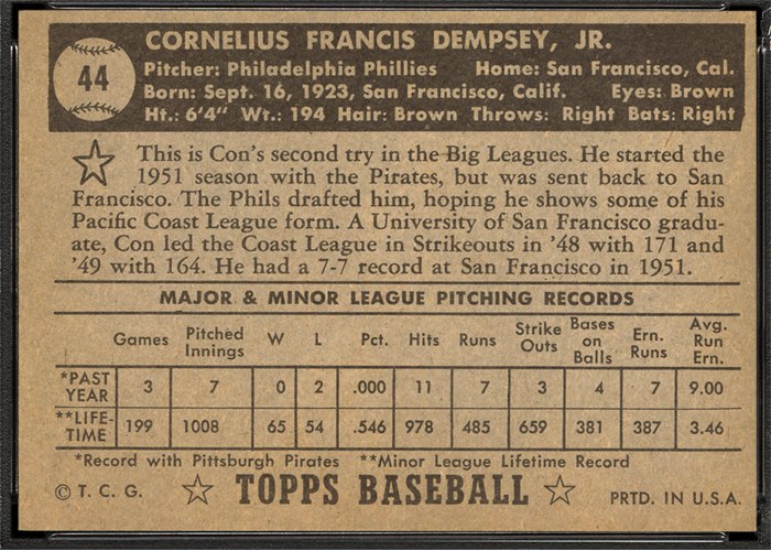 1952 Topps #44 Con Dempsey (back)