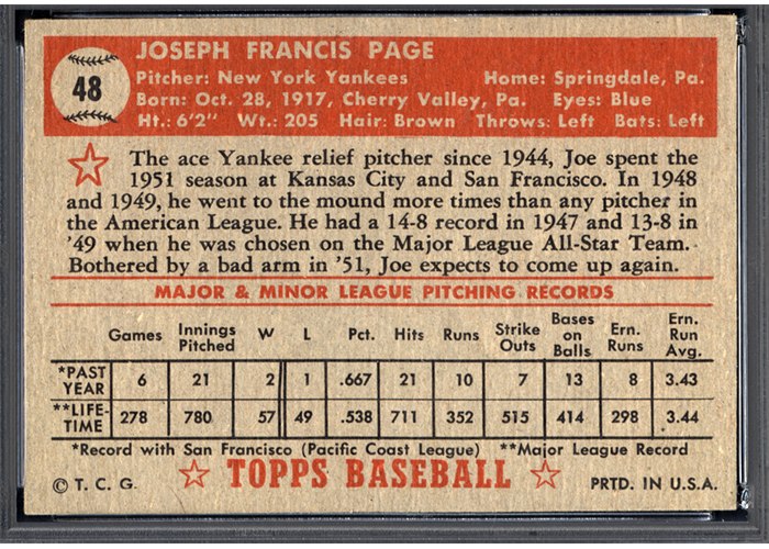 1952 Topps #48 Joe Page (back)