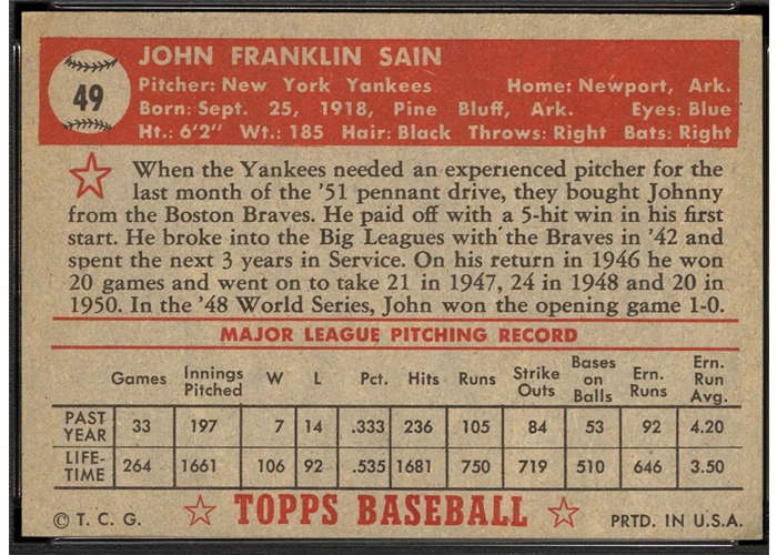 1952 Topps #49 Johnny Sain (back)