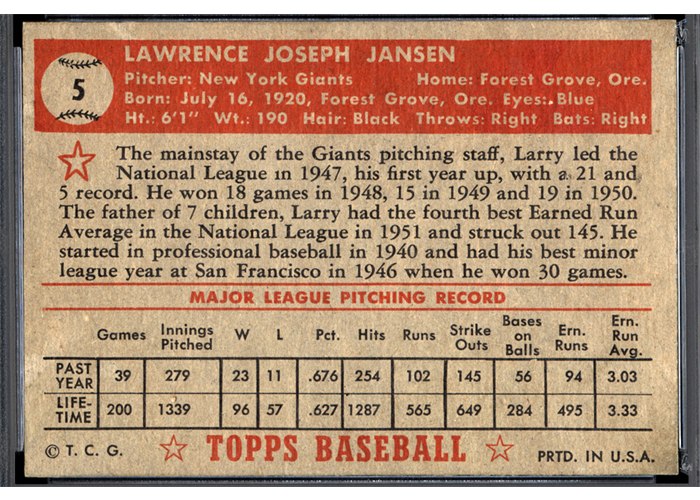 1952 Topps #5 Larry Jansen (back)