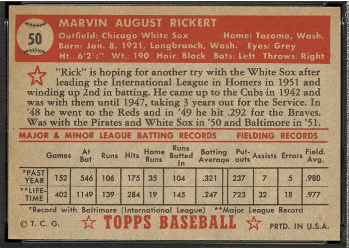 1952 Topps #50 Marv Rickert (back)