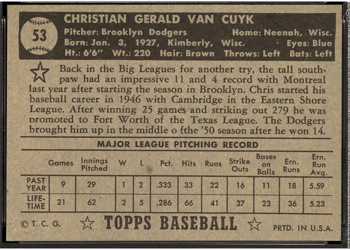 1952 Topps #53 Chris Van Cuyk (back)