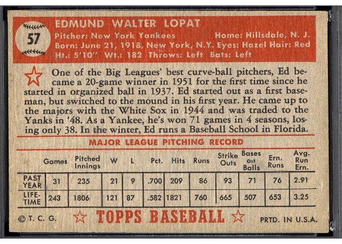 1952 Topps #57 Ed Lopat (back)