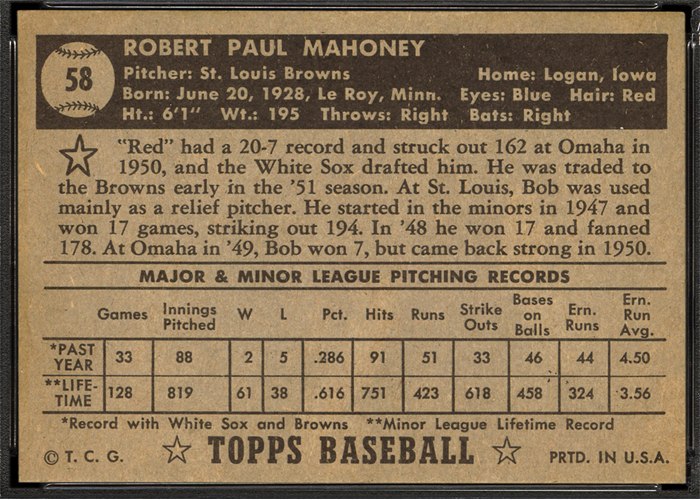 1952 Topps #58 Bob Mahoney (back)