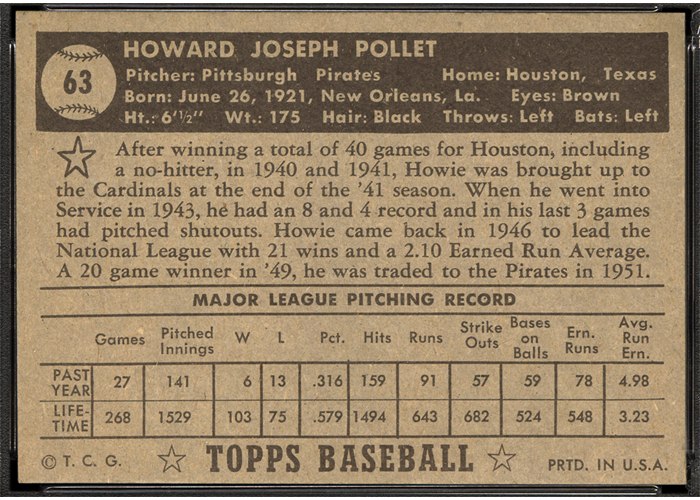1952 Topps #63 Howie Pollet (back)