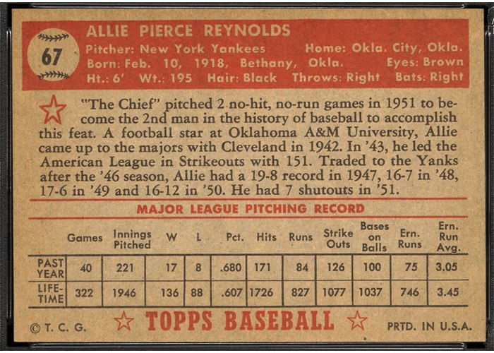 1952 Topps #67 Allie Reynolds (back)