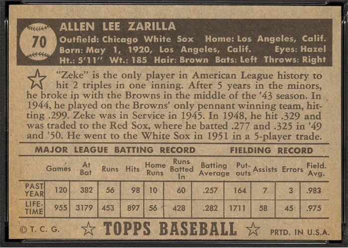 1952 Topps #70 Al Zarilla (back)