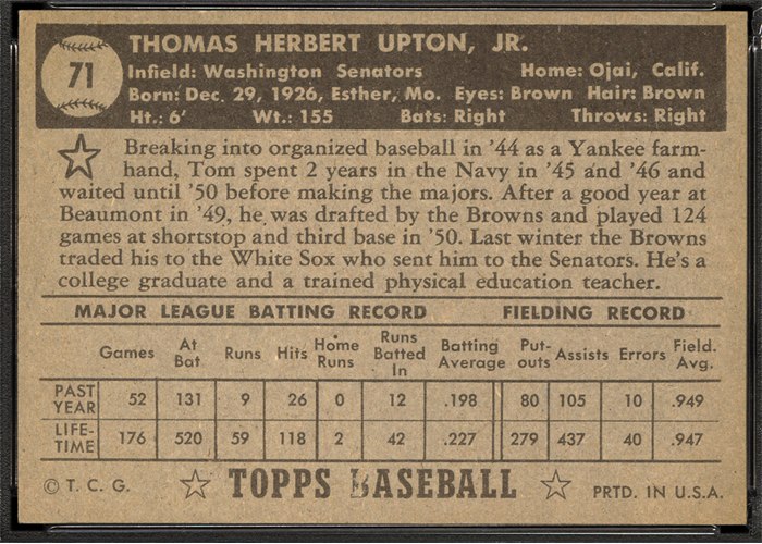 1952 Topps #71 Tom Upton (back)
