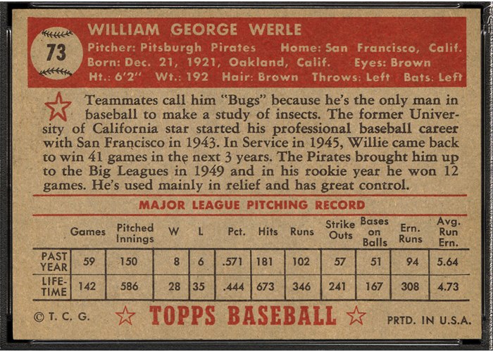 1952 Topps #73 Bill Werle (back)