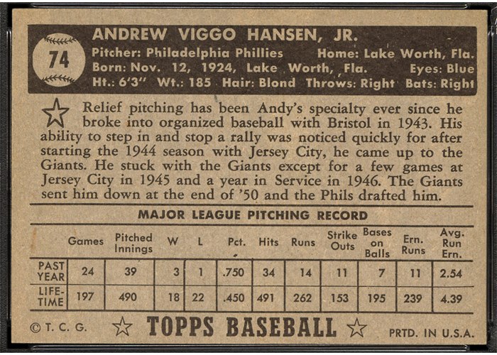 1952 Topps #74 Andy Hansen (back)