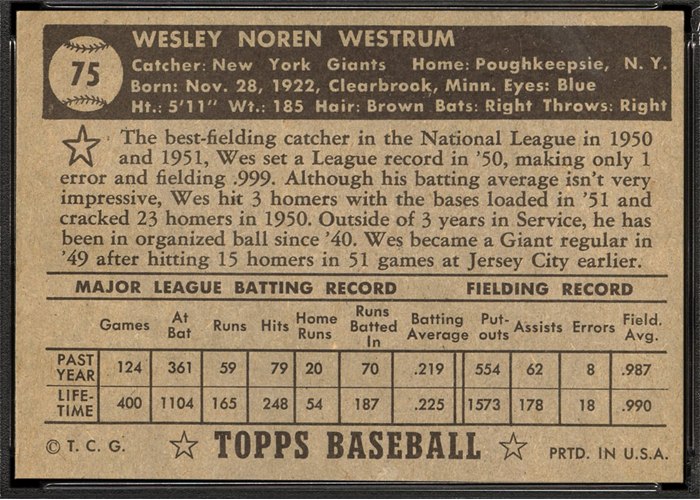 1952 Topps #75 Wes Westrum (back)