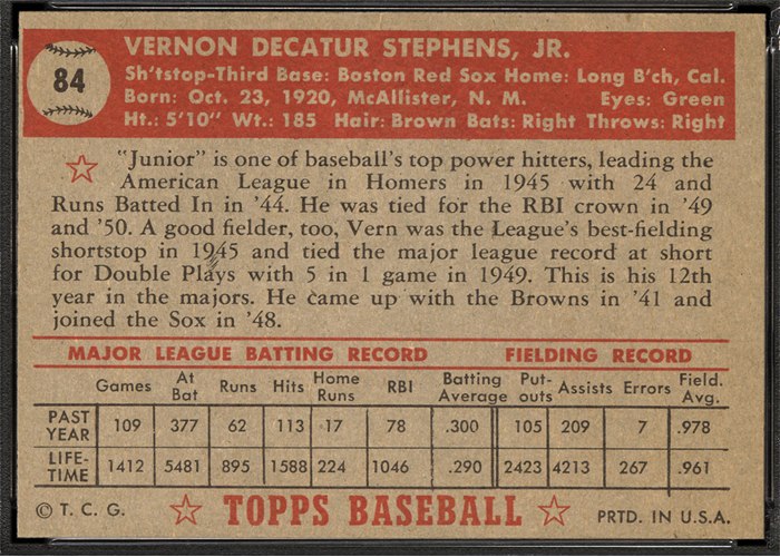 1952 Topps #84 Vern Stephens (back)