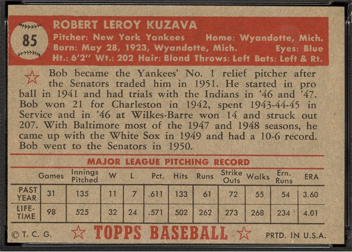 1952 Topps #85 Bob Kuzava (back)